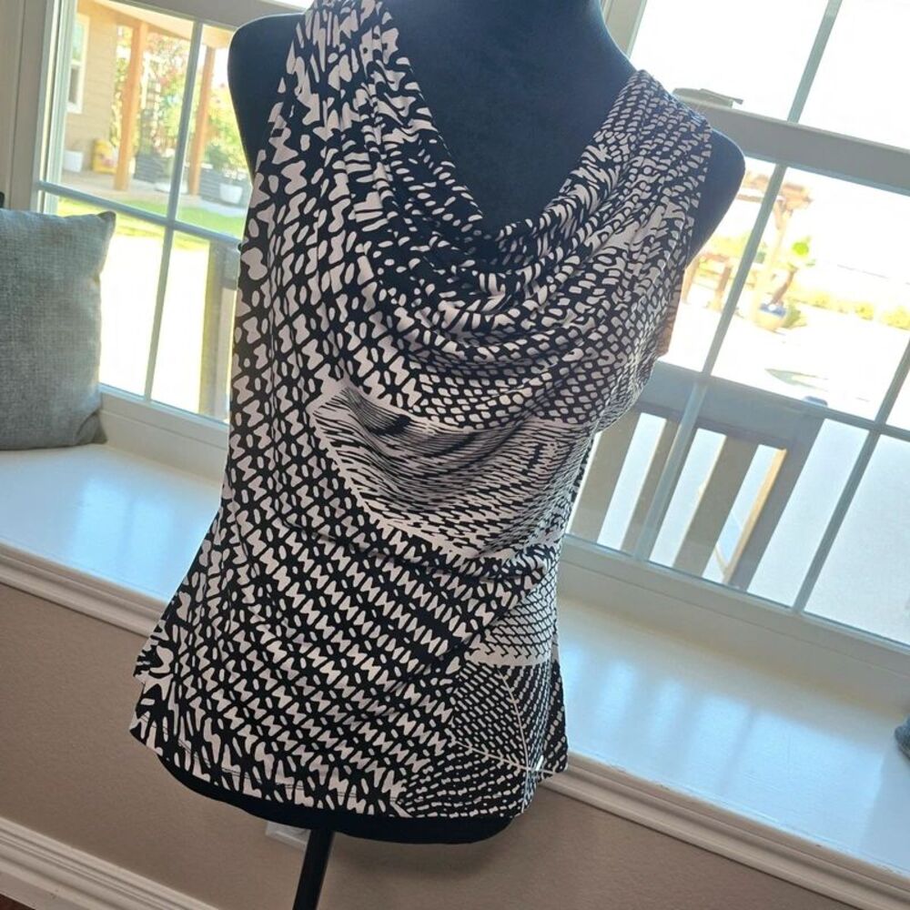 Calvin Klein black and white patterned sleeveless top draped cowl neckline